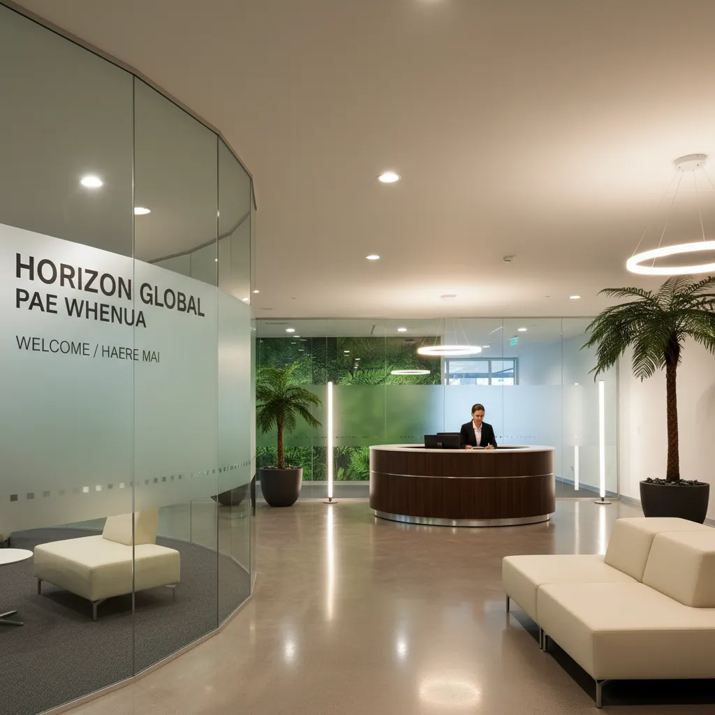 Modern bilingual corporate branding in a New Zealand office