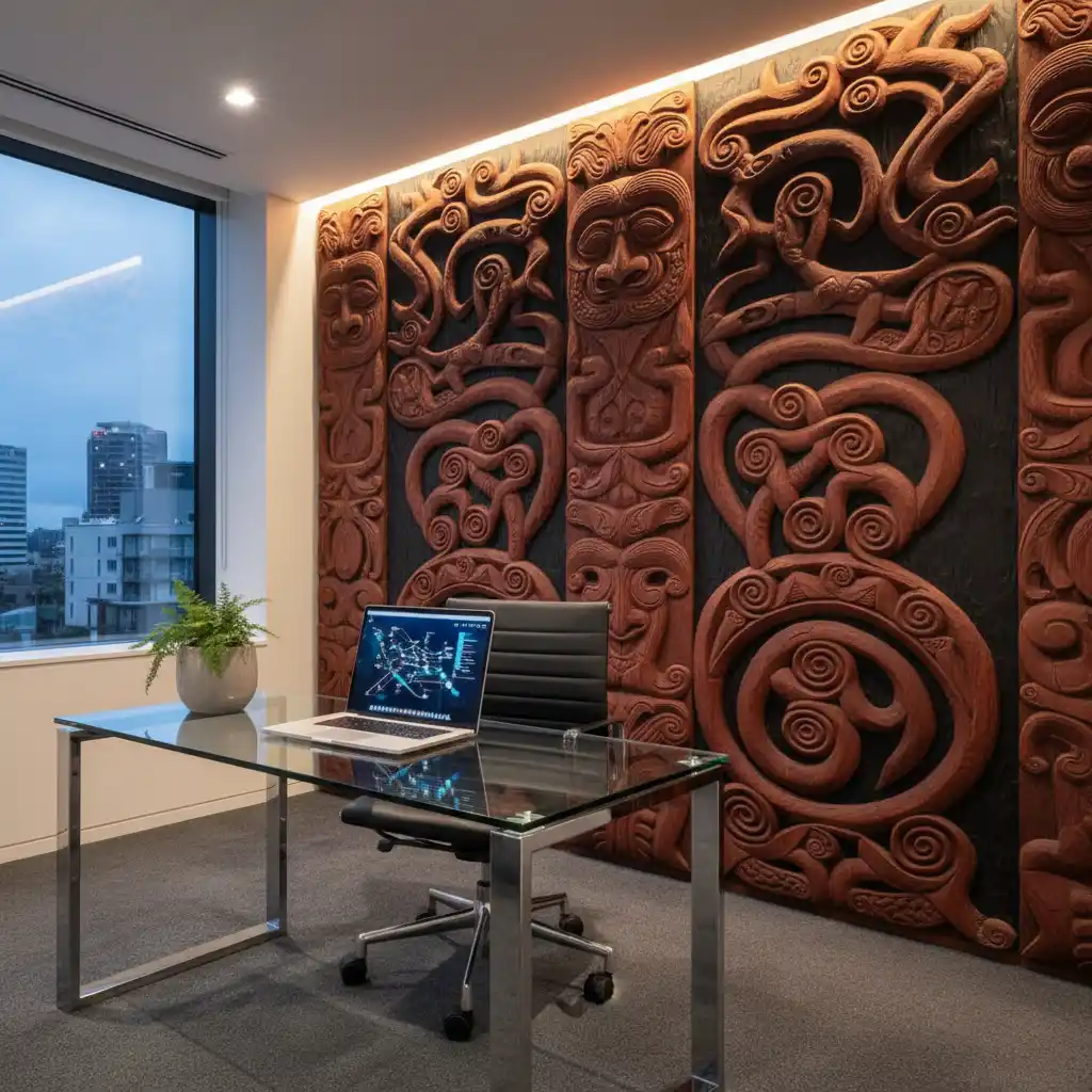 Modern professional workspace blending corporate technology with Māori cultural design elements