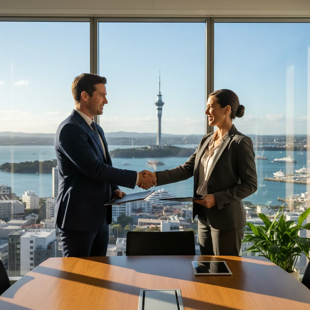 Business professionals finalizing a domain deal in Auckland CBD