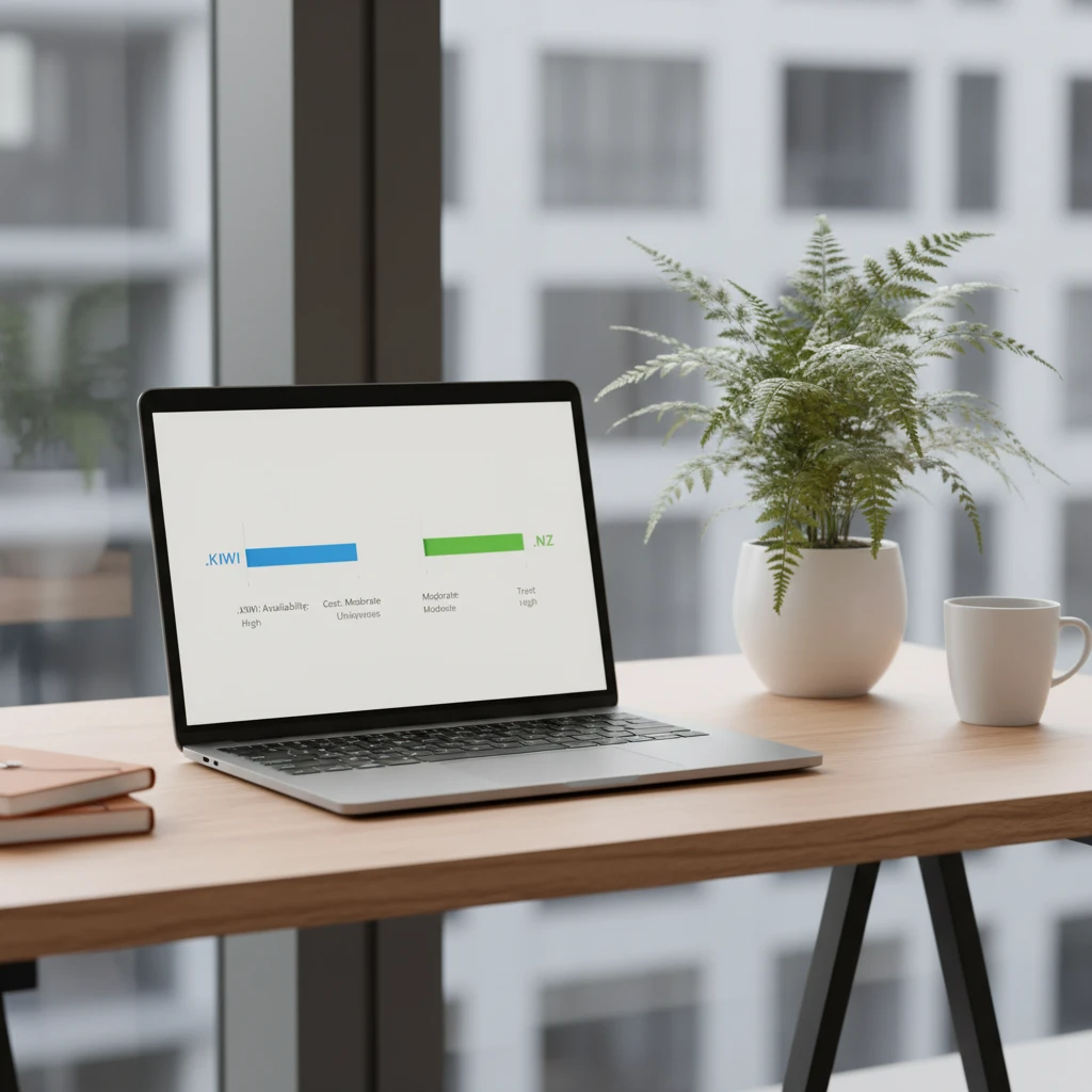 Comparison of .kiwi and .nz domain extensions on a laptop screen