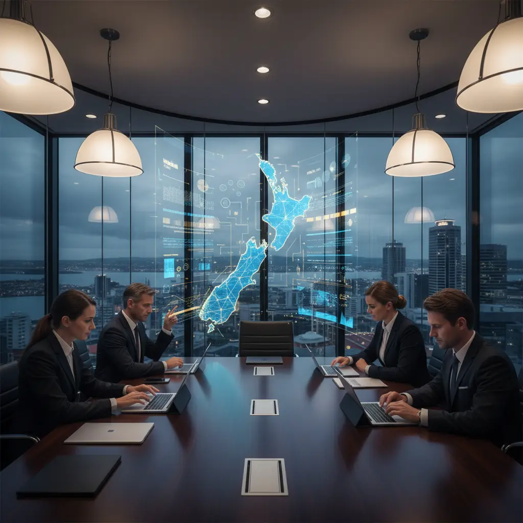 Corporate boardroom discussion regarding premium NZ domain acquisition
