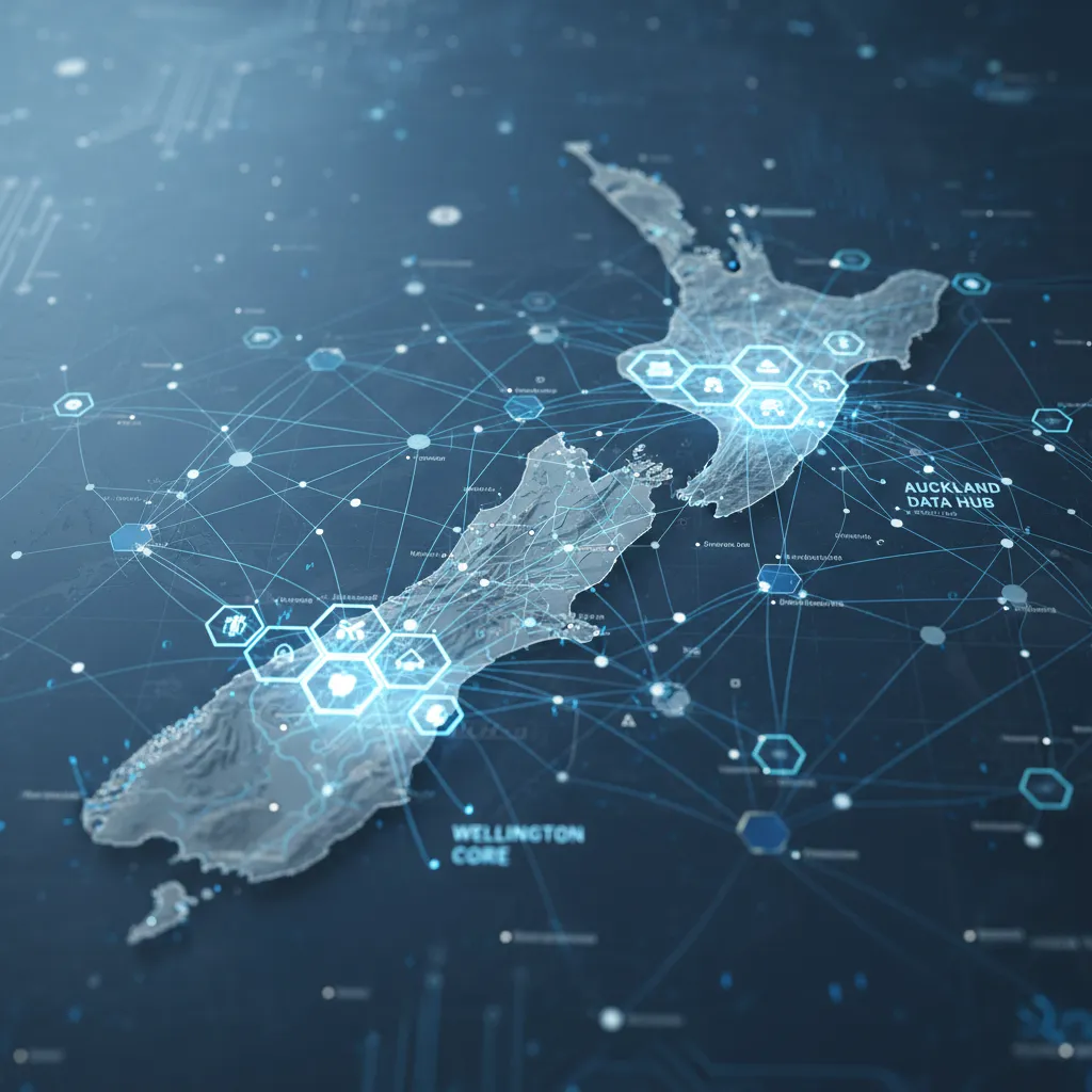 Digital security landscape in New Zealand showing connected data nodes