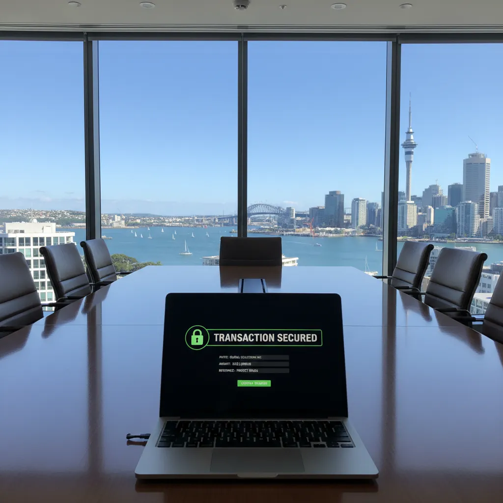 NZ domain escrow transaction in a professional Auckland office setting