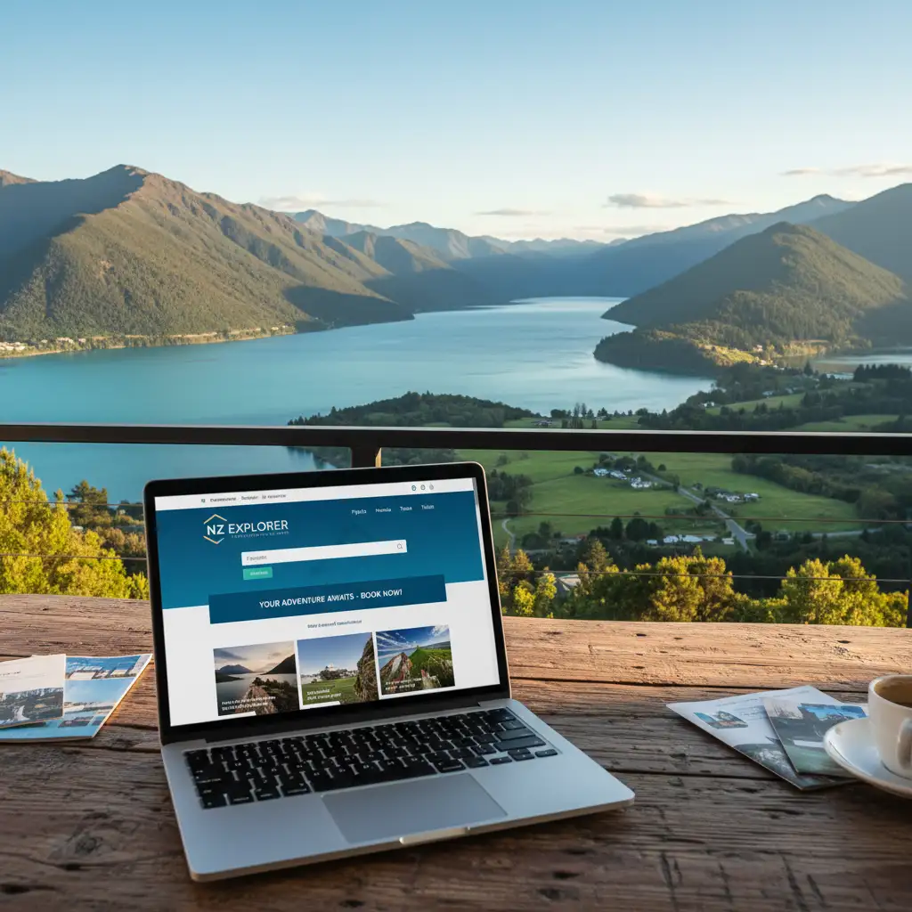 Laptop showing travel website with NZ landscape background