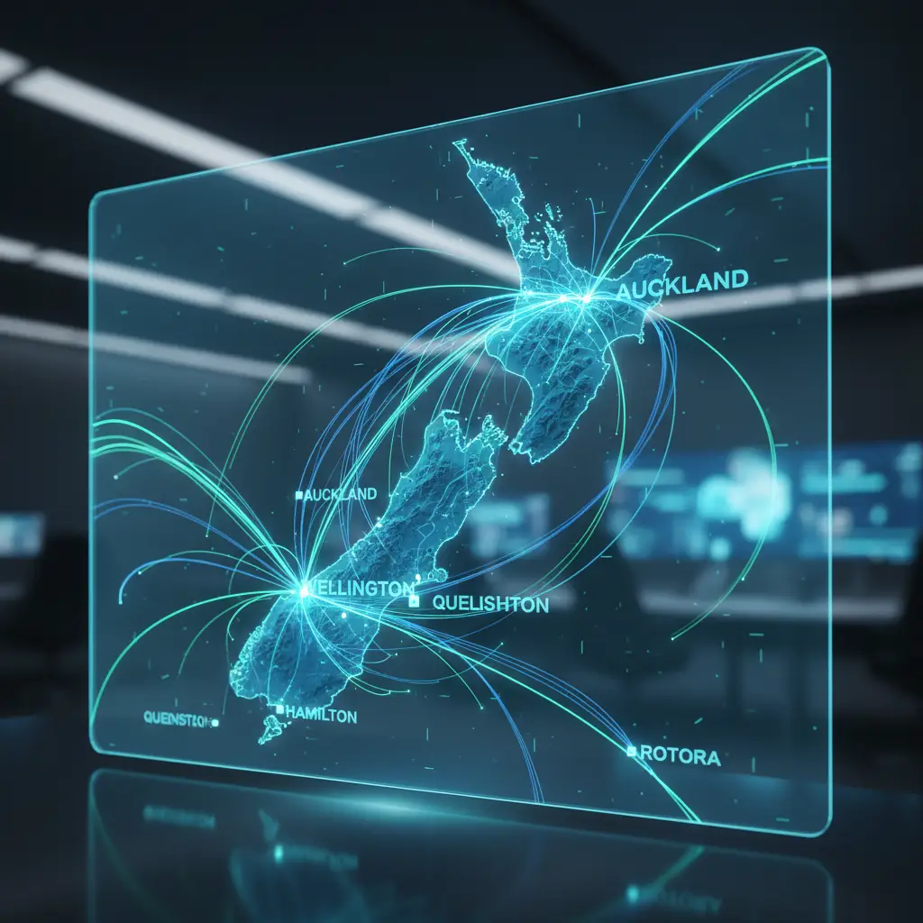 Digital map of New Zealand illustrating DNS propagation paths