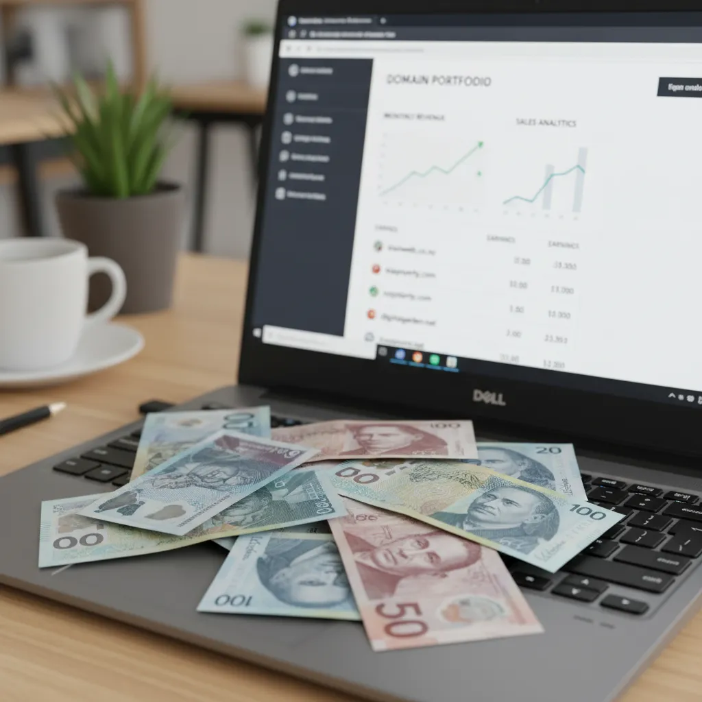 NZD Currency on Laptop with Domain Registrar Screen