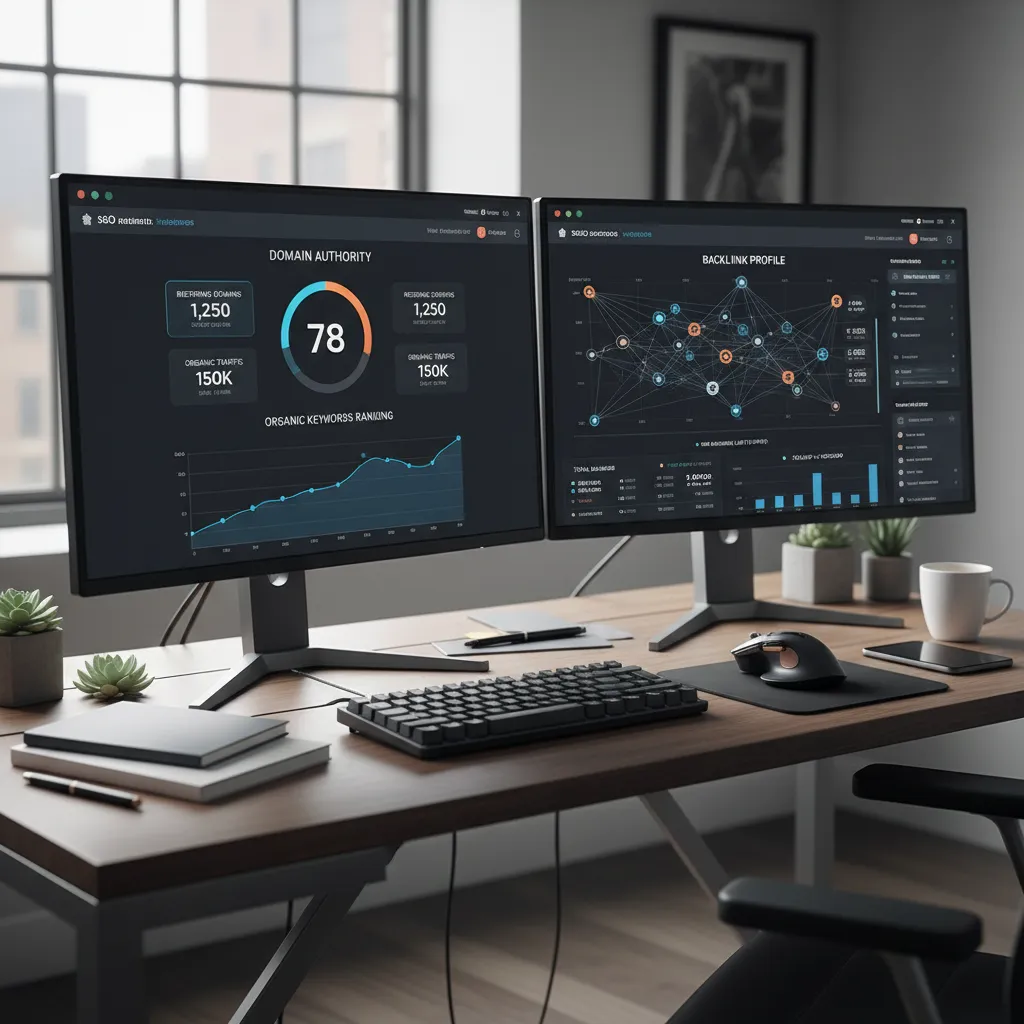 SEO analyst monitoring domain metrics on multiple screens