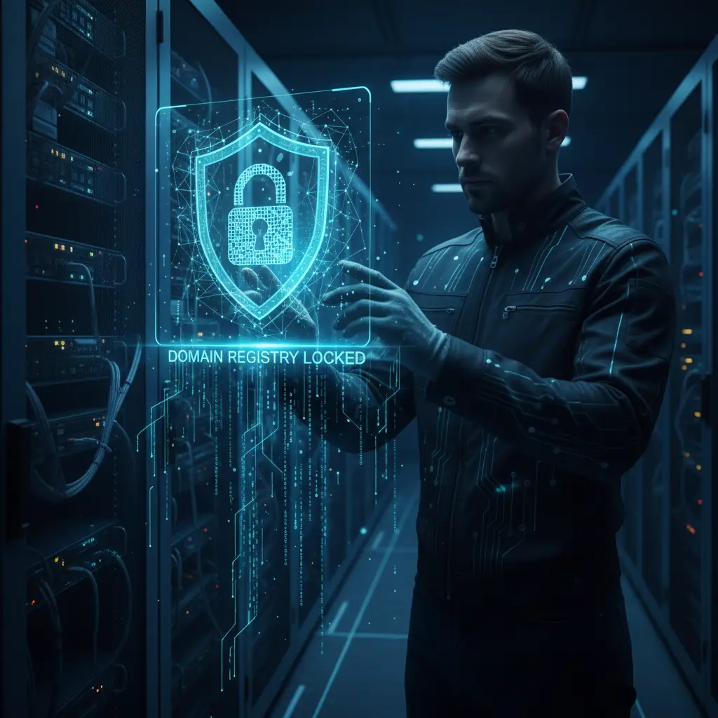 Cybersecurity professional monitoring registry lock status for corporate domains