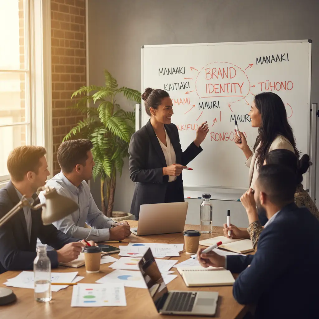 Team brainstorming Maori business names on a whiteboard