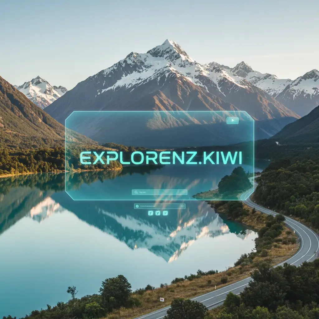 Tourism branding with .kiwi domain extension over NZ landscape