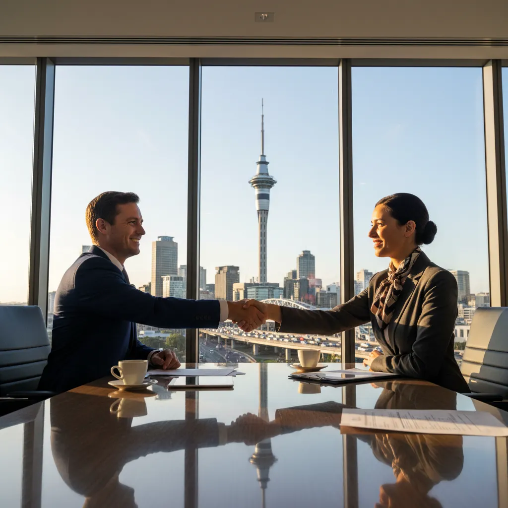 Local NZ business professionals negotiating a domain deal in Auckland