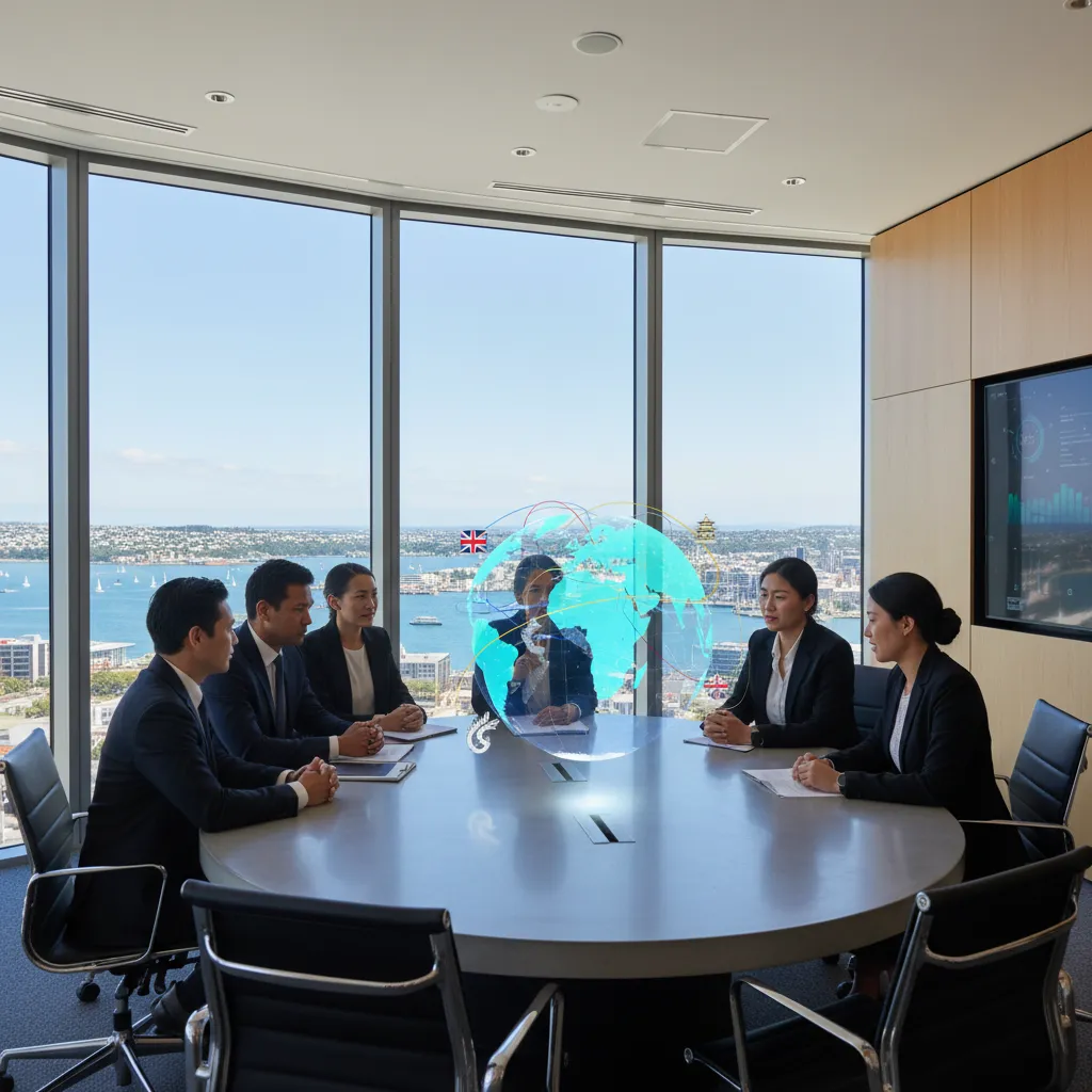 Business team analyzing global trade routes with a focus on New Zealand