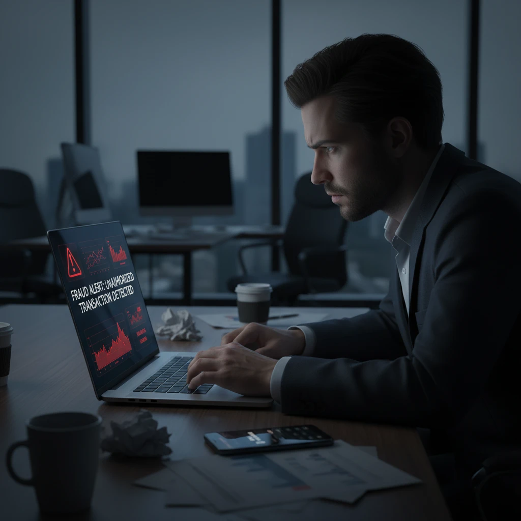 Business person stressed about online fraud risk