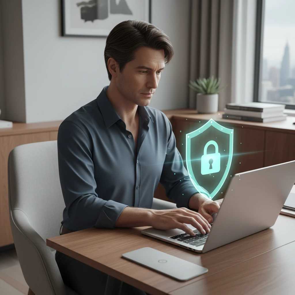Individual utilizing privacy options on a laptop