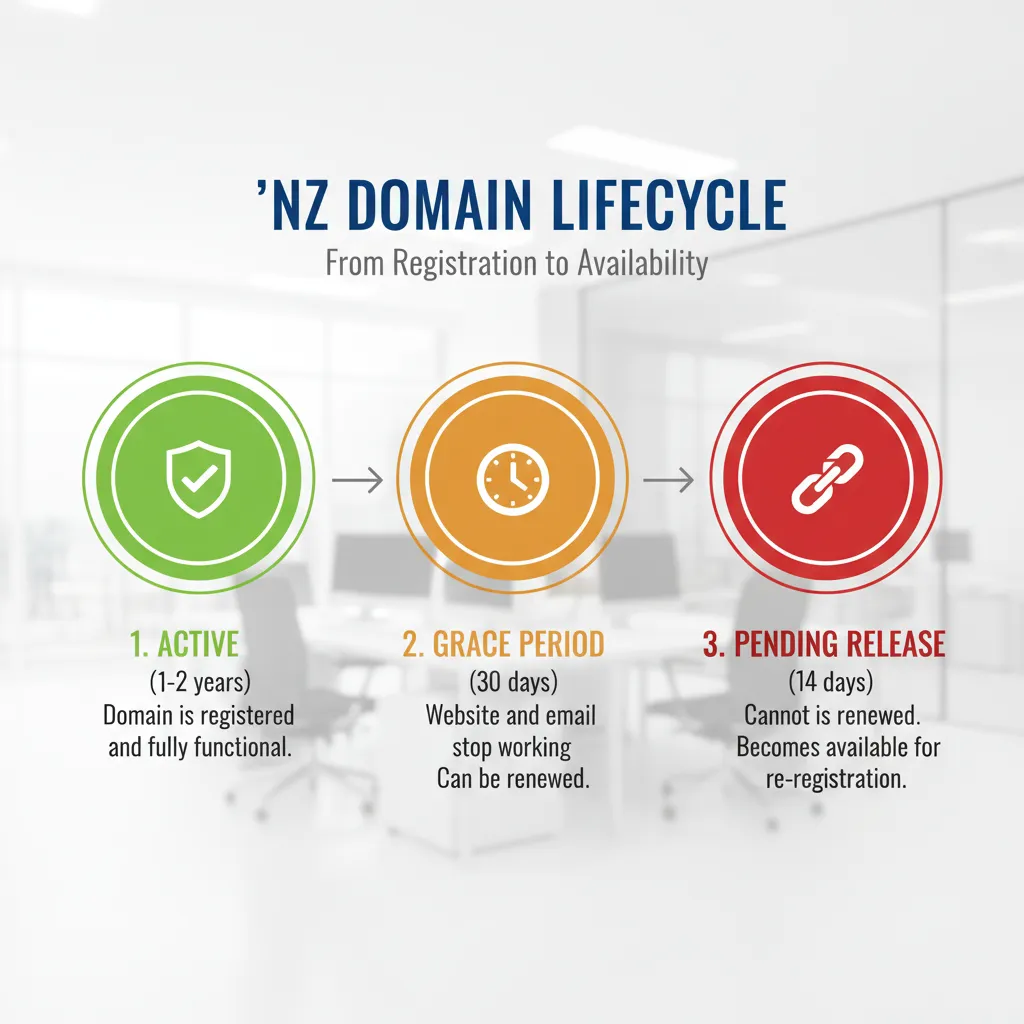 Lifecycle of a .nz domain name showing grace period and pending release
