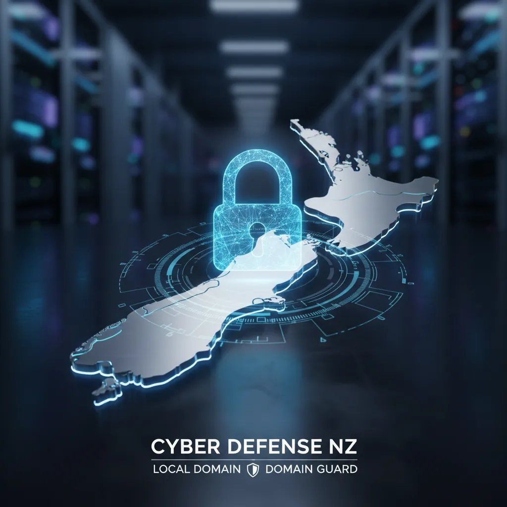 Digital security icon over a New Zealand map representing secure domain sales