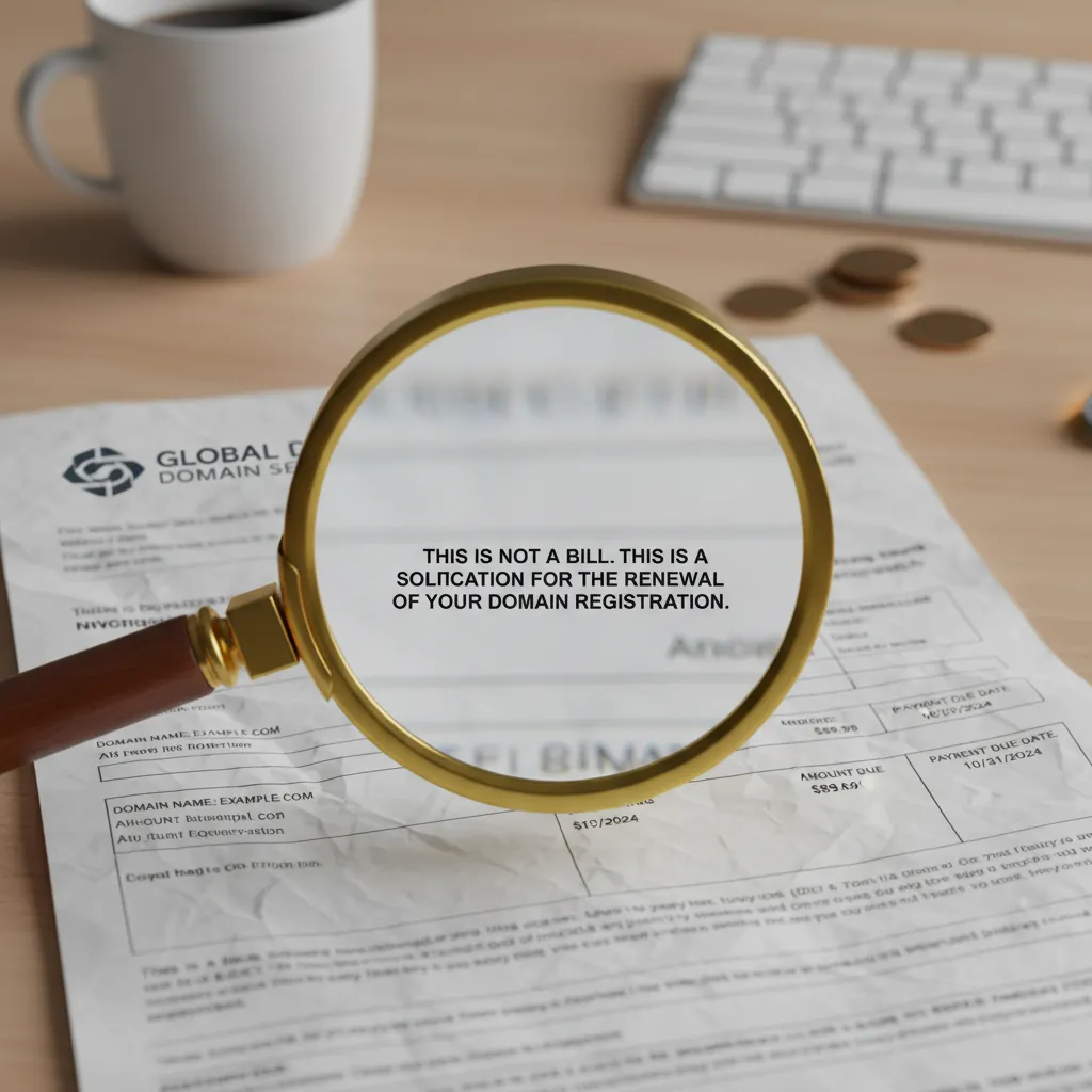 Magnifying glass revealing fine print on a fake nz domain renewal invoice