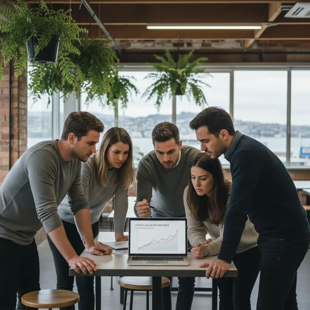 Startup team analyzing domain valuation metrics during Techweek