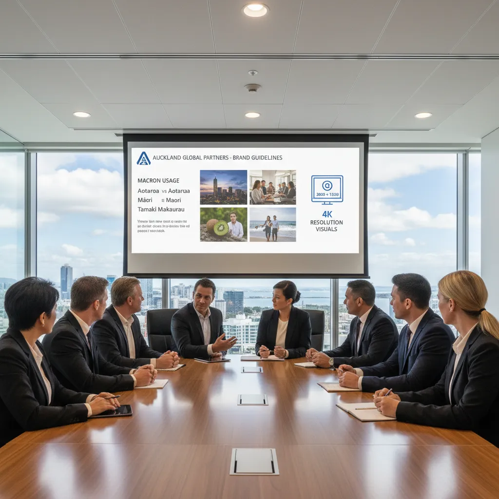 Business professionals discussing brand guidelines with macrons