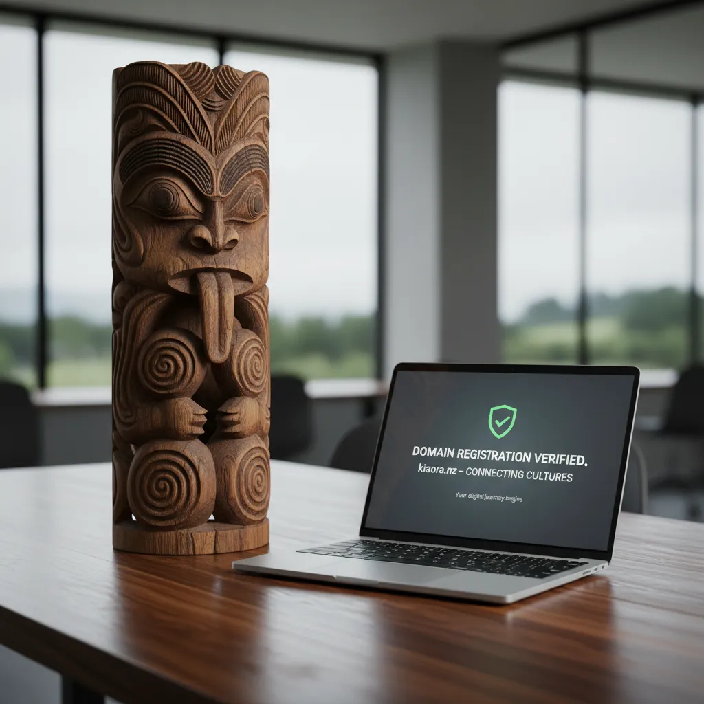 Traditional Maori Carving next to Laptop