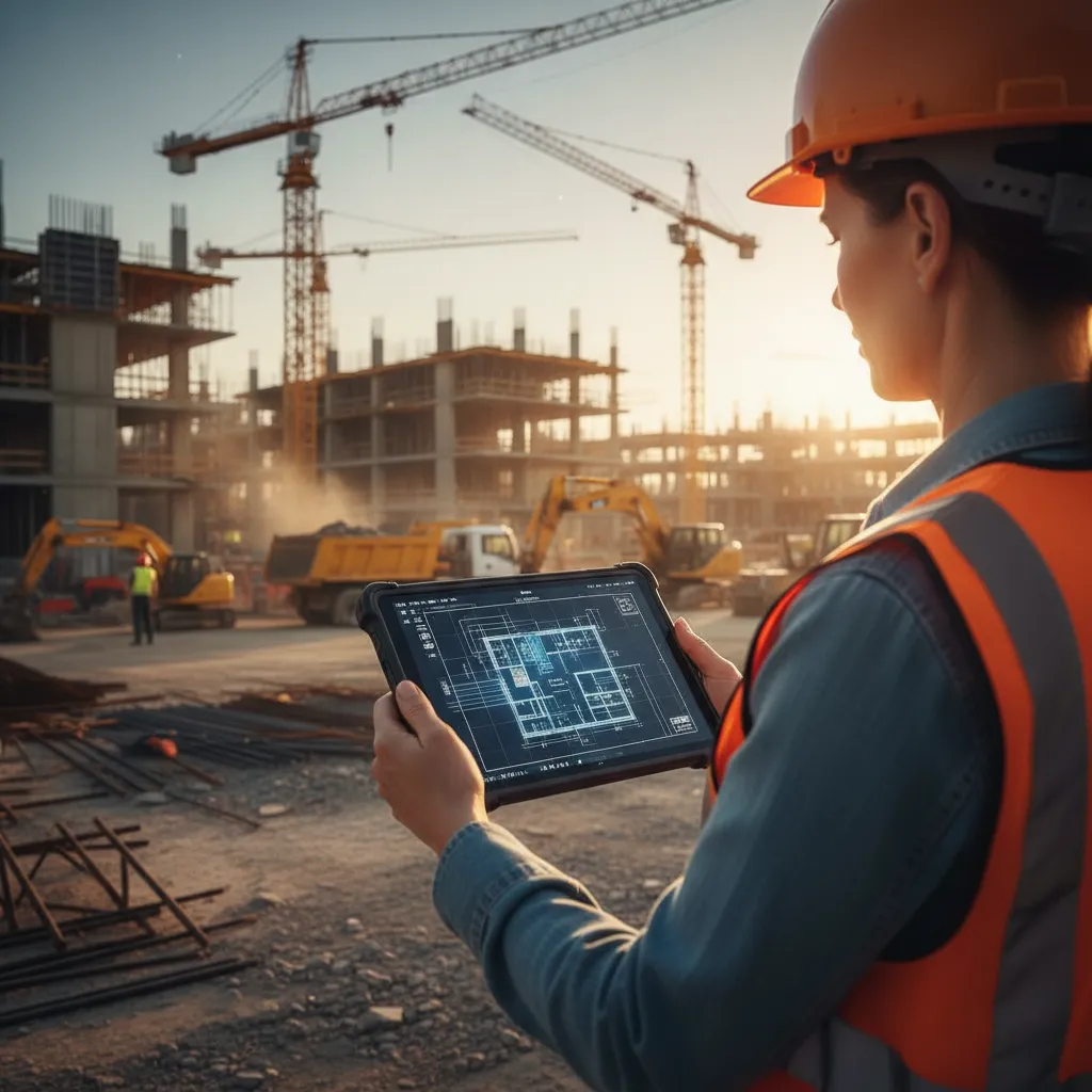 Site manager using digital tools on a construction site