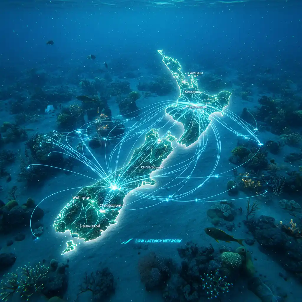 Fiber optic map showing low latency for web hosting New Zealand