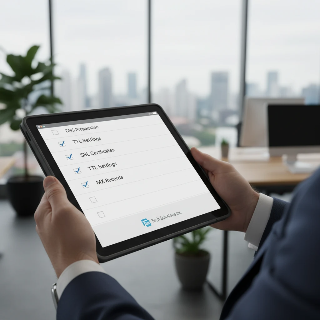 IT professional reviewing pre-transfer checklist on tablet