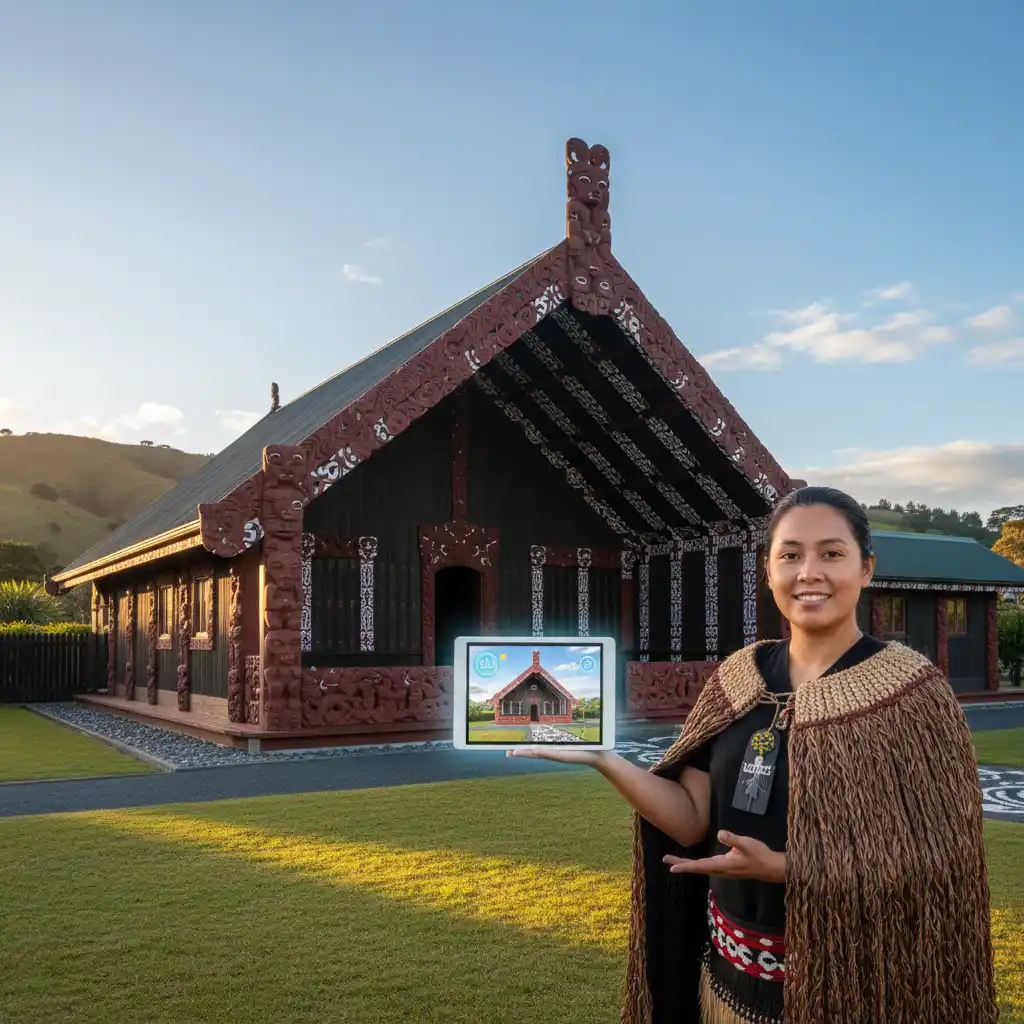 Traditional Marae setting with modern digital technology