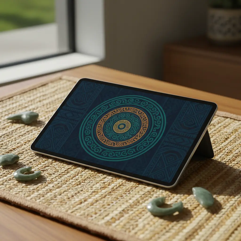 Digital tablet with Maori interface design resting on traditional weaving