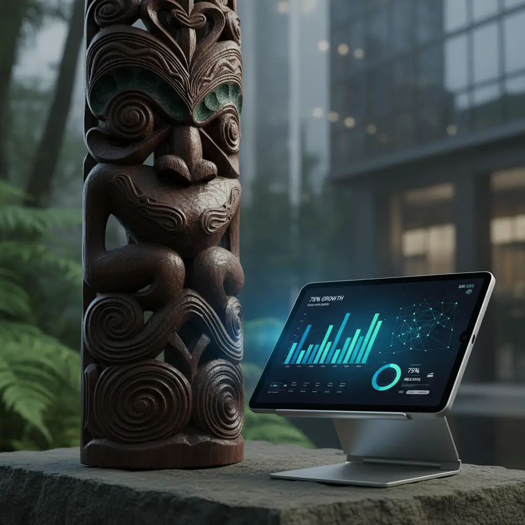 Traditional carving next to modern digital analytics tablet