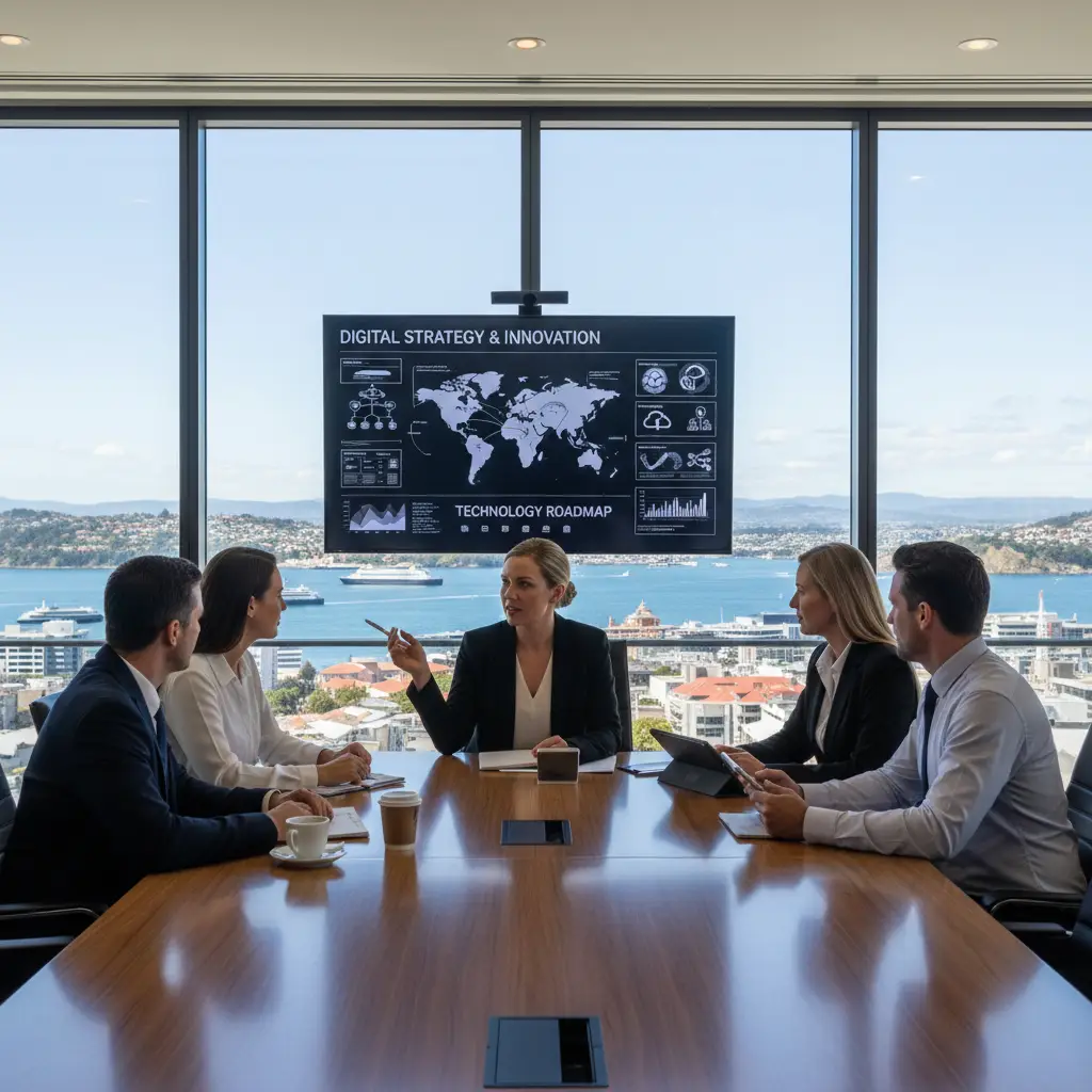 Business professionals discussing .nz domain strategy in Wellington