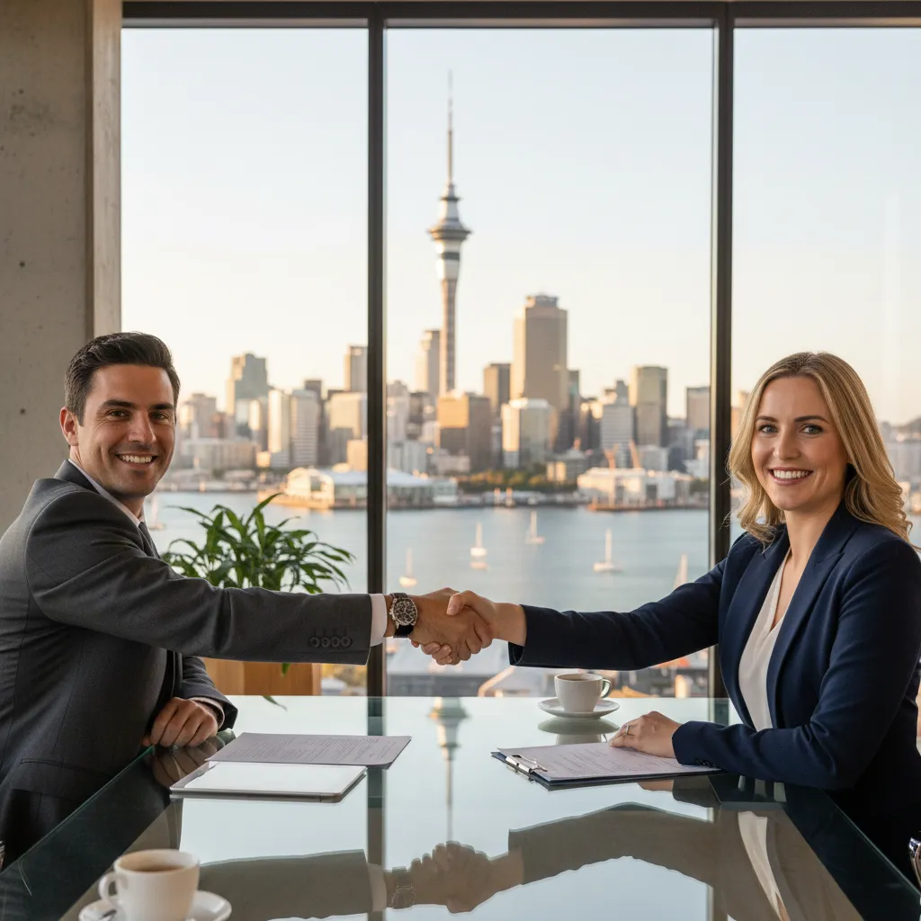 Business professionals closing a domain acquisition deal