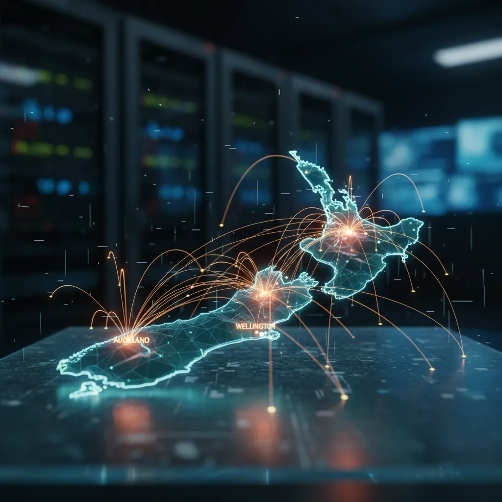 Digital map of NZ highlighting Auckland and Wellington SEO