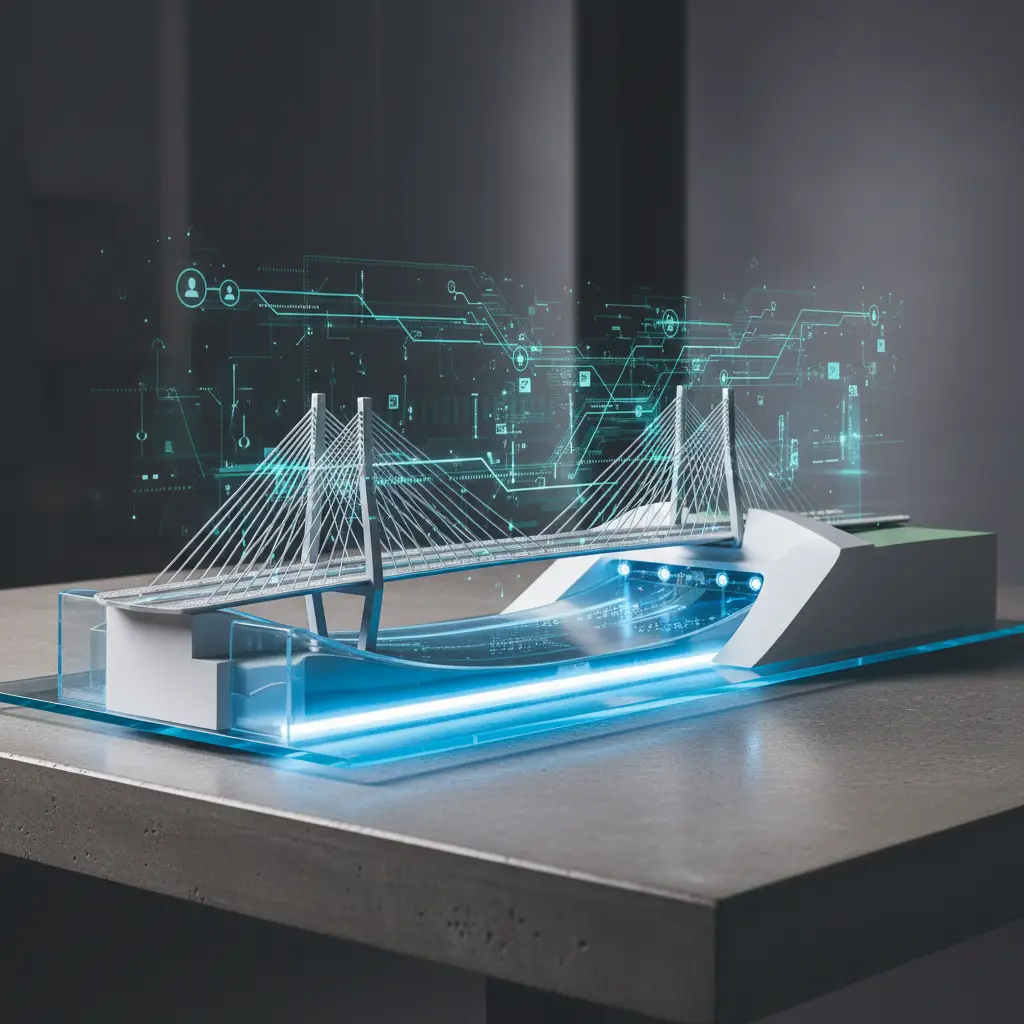 Architectural model of infrastructure project with digital data overlays