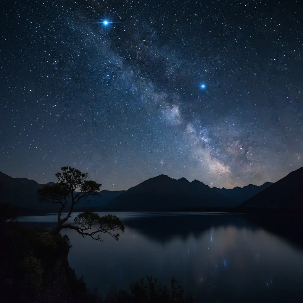 Matariki star cluster over New Zealand landscape