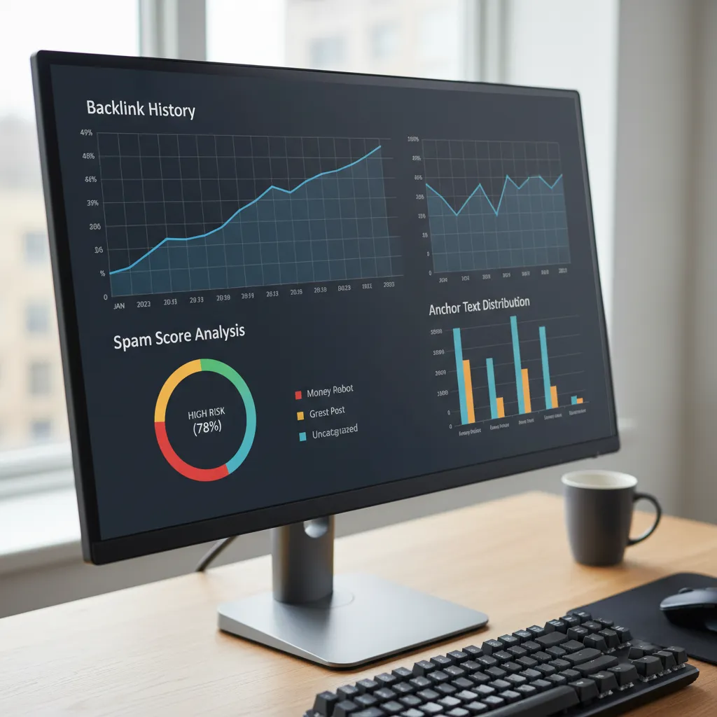 SEO analytics tool showing backlink history and spam score