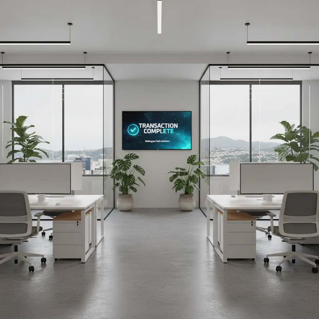 Modern Wellington tech office showing a successful domain transfer notification