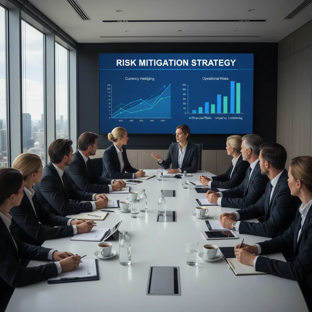 Corporate strategy meeting discussing currency hedging