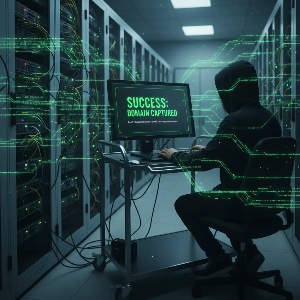 Server room monitor showing successful domain capture