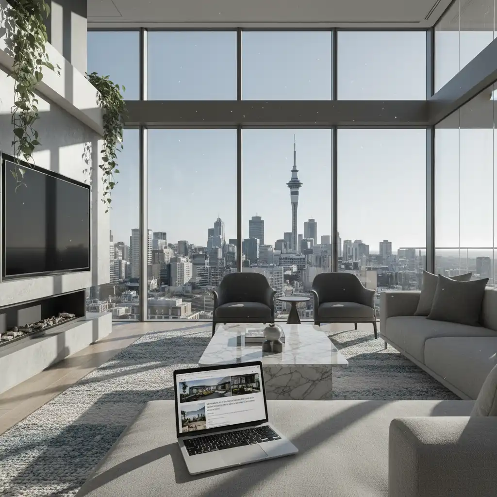 Luxury Auckland property interior with digital listing interface