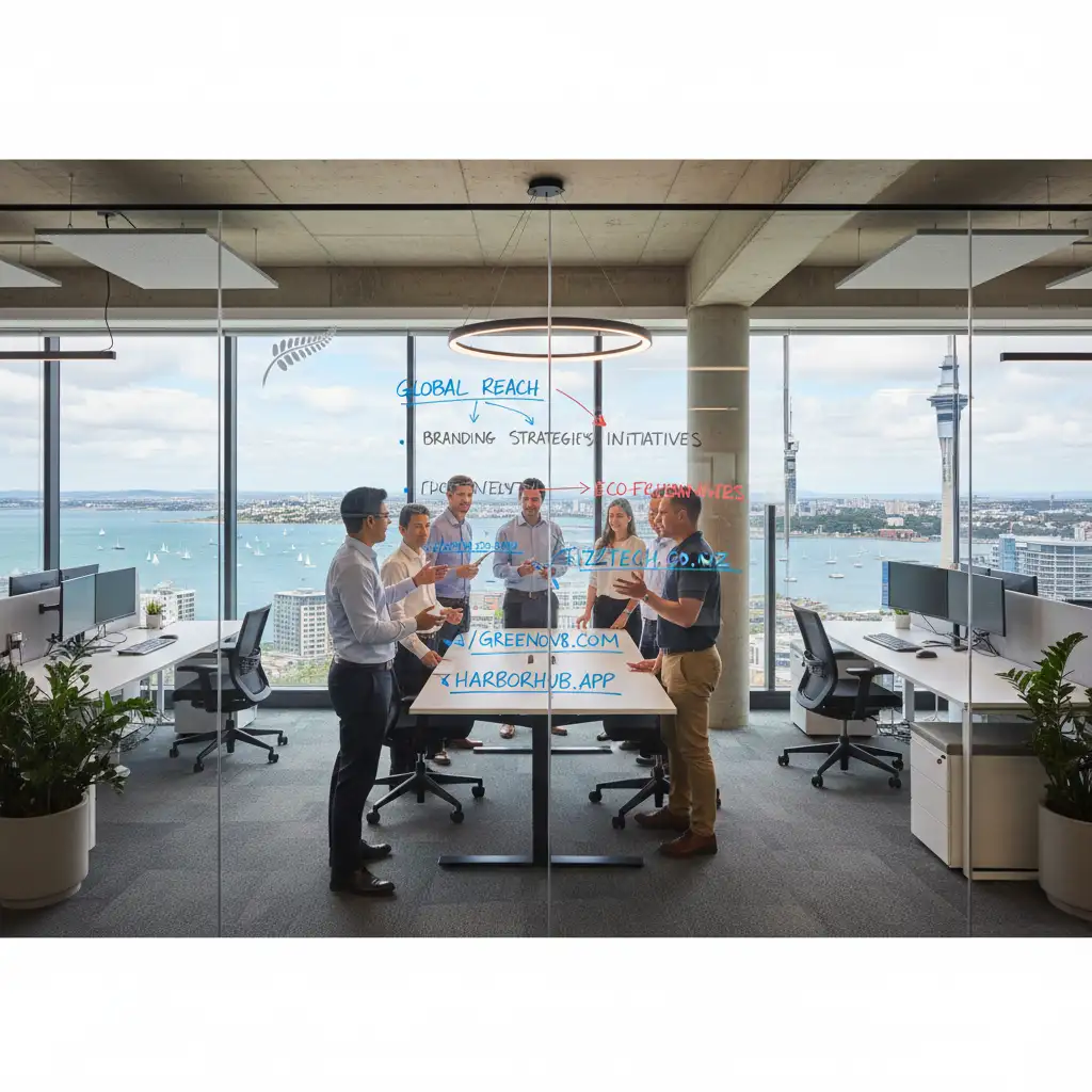 Marketing team discussing FinTech branding strategy in NZ