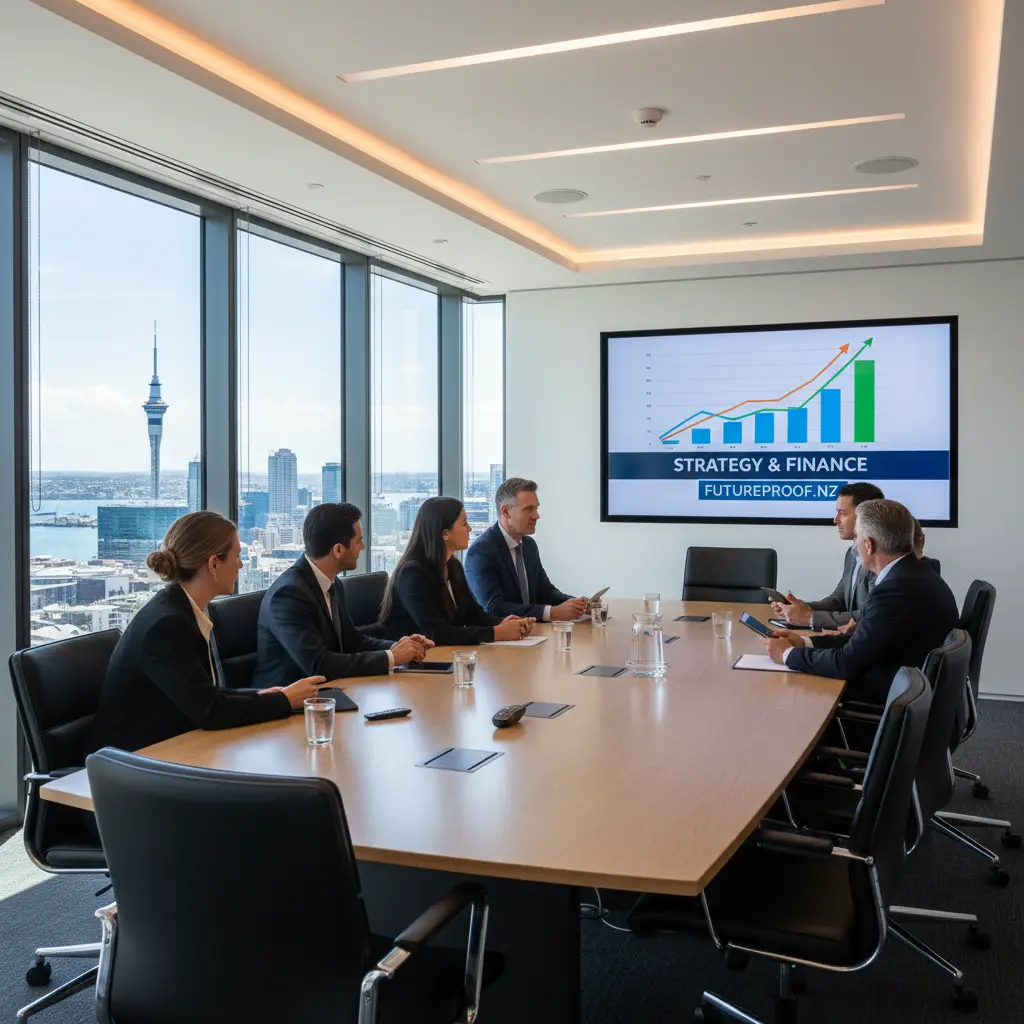 Domain financing strategy meeting in a modern New Zealand office