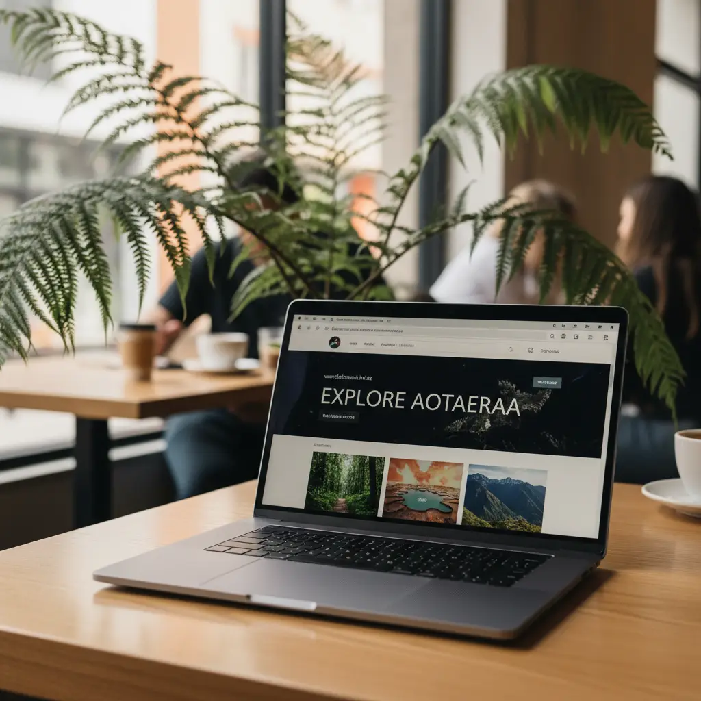 Laptop displaying a website with a .kiwi domain extension