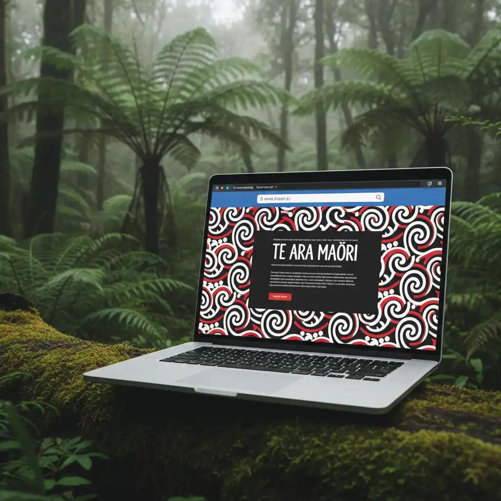 A laptop displaying a .maori.nz website amidst New Zealand native bush