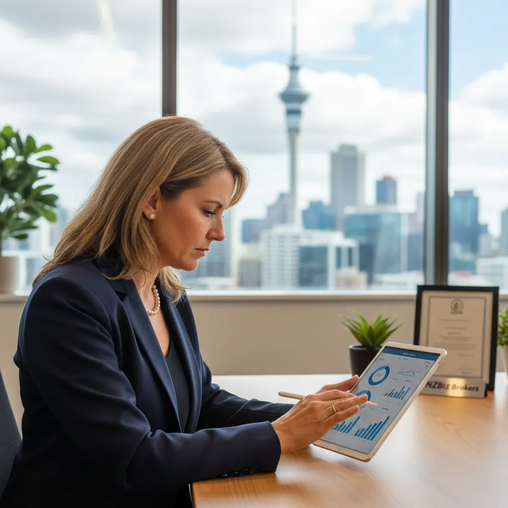 Professional NZ domain broker analyzing digital asset data in Auckland office