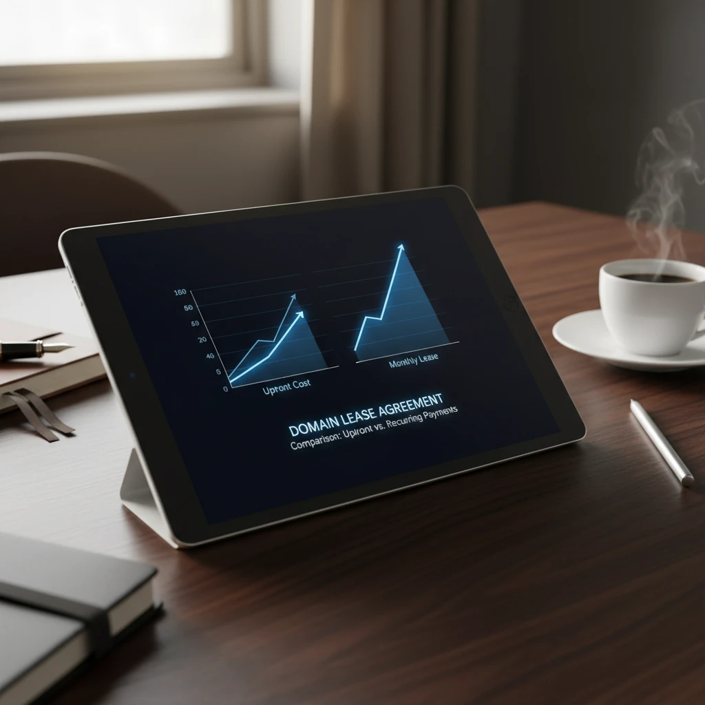 Comparison chart of domain leasing versus buying upfront on a tablet