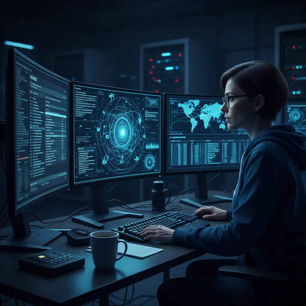 Cybersecurity analyst monitoring corporate domain data streams