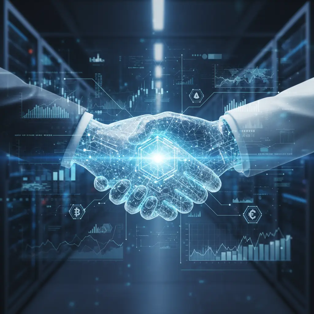 Digital handshake representing a secure premium domain transaction