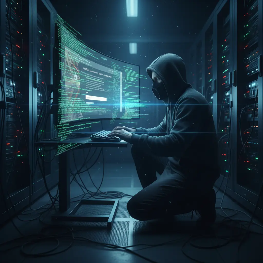 Hacker analyzing phishing email for domain theft