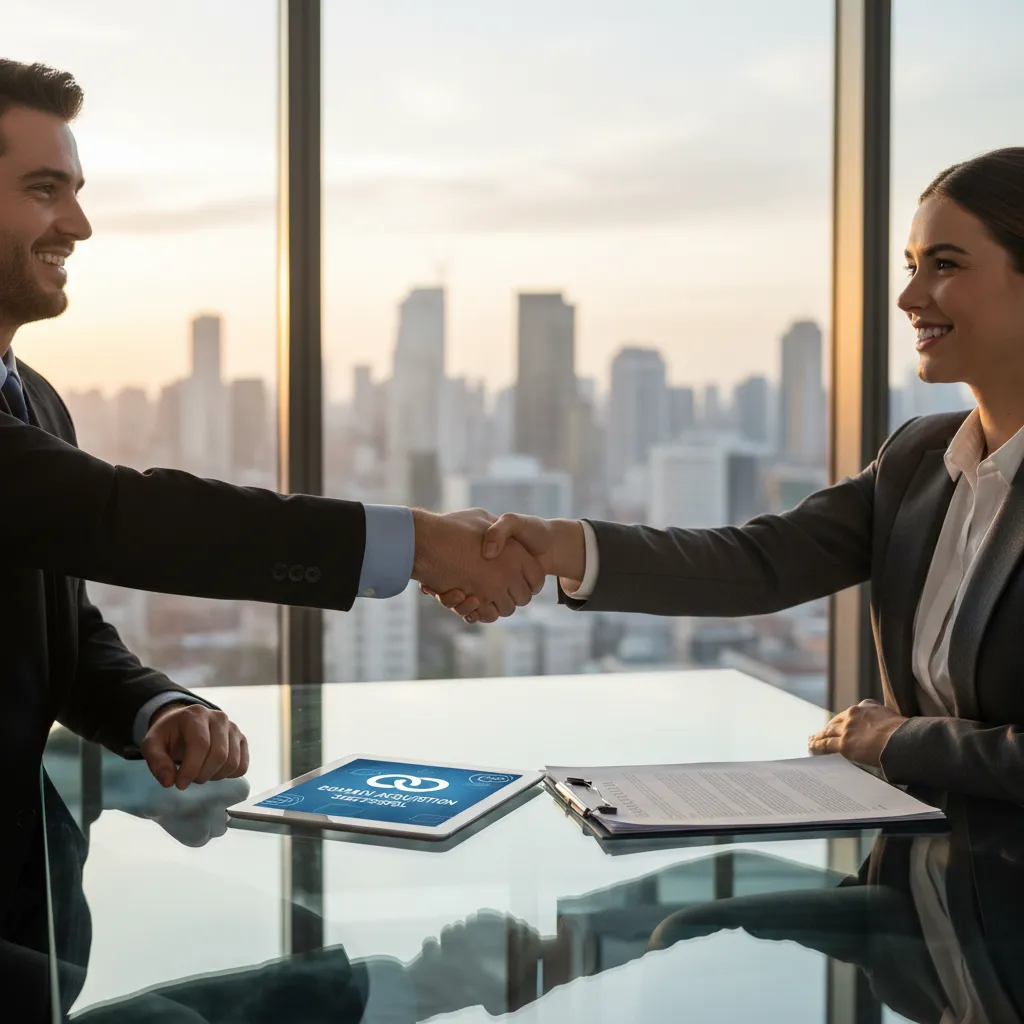 Business professionals shaking hands finalizing a domain acquisition deal